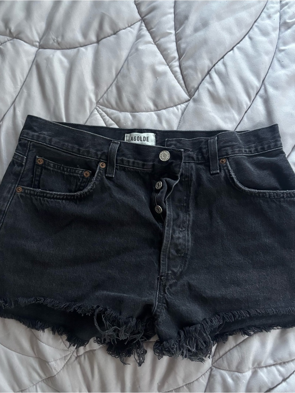 Agolde Black Frayed Hem Denim Jean Shorts